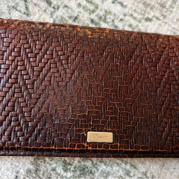 Salvatore Ferragamo Long Wallet Brown Herringbone Leather Unisex Made in… - Picture 7 of 15